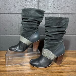 Fossil Women’s Black Leather Suede Slouch Boots Buckle Mid Calf High Heel 7.5